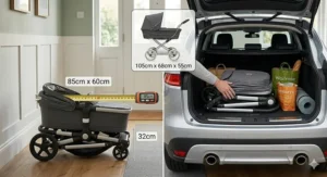 Alt text for image 7: A compact lie-flat pushchair folded down in a small car boot, compared to a bulkier two-piece pram with a separate carrycot.