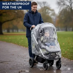 A compact holiday stroller fitted with a transparent waterproof rain cover for unpredictable UK weather.