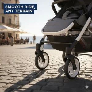 A holiday pushchair showing front-wheel suspension for easy handling on uneven European pavements.