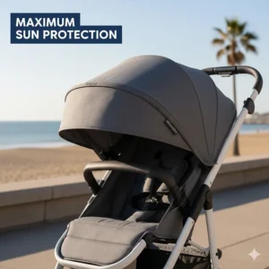 Close-up of an extendable UPF 50+ sun canopy on a holiday pushchair for maximum sun protection.