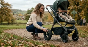A parent in leather walking boots crouching to inspect the tread and condition of rugged air-filled pram tyres.