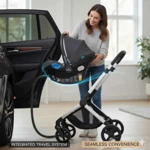 An illustration showing a car seat clicking easily from a car base onto a pushchair chassis, demonstrating the convenience of a travel system.