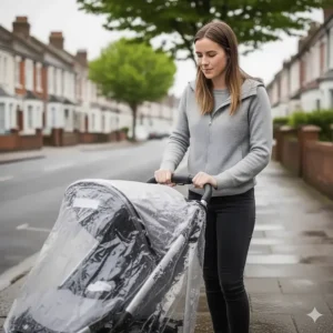A parent adjusting the height of the Joie travel system handlebar for ergonomic walking comfort.