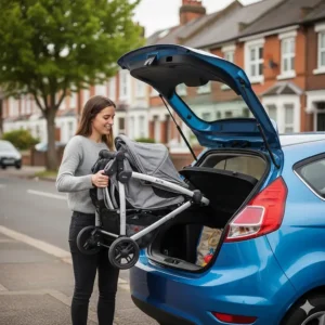 A Joie pushchair folded down compactly to fit into the boot of a small British hatchback.