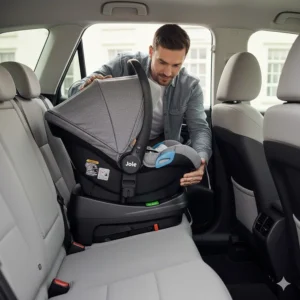 Joie infant car seat being clicked into an ISOFIX base in the back of a UK family car.