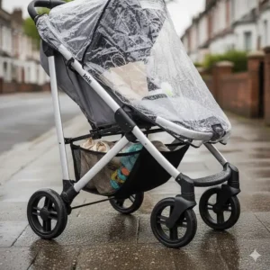 Close-up of the large under-seat storage basket on a Joie travel system filled with shopping bags.