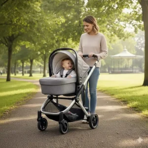 A toddler in a Joie travel system seat unit in the parent-facing position for eye contact.
