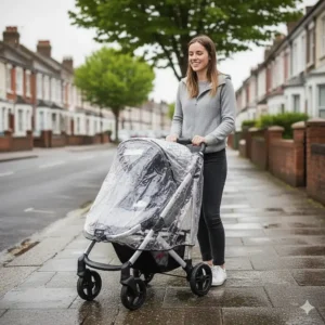Joie pushchair with a fitted raincover protecting a child during a rainy day in the UK.
