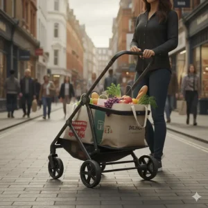 A compact city pushchair with a large under-seat basket filled with grocery bags, ideal for London errands.