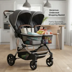 Illustration highlighting a large underseat shopping basket on a double buggy for family essentials.