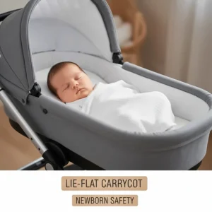 An illustration of a newborn sleeping in a lie-flat carrycot, explaining the importance of spinal development for UK parents.