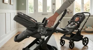 Alt text for image 3: Close-up of a pushchair seat in the fully reclined lie-flat position, suitable for use from birth without a separate carrycot.