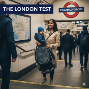 A lightweight holiday stroller being carried easily down stairs at a London Underground station.