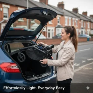 A parent easily lifting a lightweight aluminium travel system chassis into a small car boot.