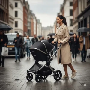 A sleek buggy navigating a narrow, busy London pavement with swivel wheels for easy steering around pedestrians.