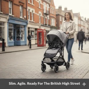 A narrow-frame travel system being pushed along a British high street, demonstrating its slim profile.