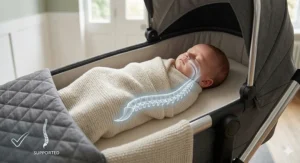 Alt text for image 2: Illustration showing the flat, firm surface of a carrycot supporting a newborn baby’s developing spine and promoting clear airways.