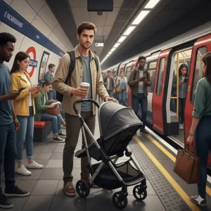 A one-hand fold buggy demonstrated on a crowded station platform, highlighting quick storage for busy London commutes.