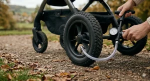 Close-up of a parent using a hand pump to inflate an air-filled pram tyre via the valve to maintain correct pressure.