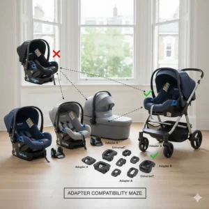 A diagram showing different car seat brands and the specific adapters required to fit them onto a non-matching pushchair frame.