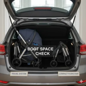A graphic showing a bulky travel system folded inside a typical UK hatchback boot compared to a more compact, standalone pushchair.