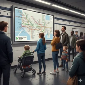 A simplified graphic of the London Tube map highlighting step-free stations for parents using pushchairs.