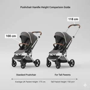 A diagram comparing standard pushchair handle heights vs models designed for tall parents in cm.