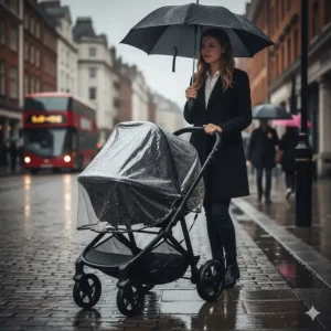 A British-style pushchair fitted with a clear rain cover during a typical grey, drizzly day in London.