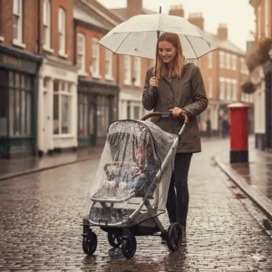 A pushchair for tall parents fitted with a waterproof rain cover during a typical British drizzle.