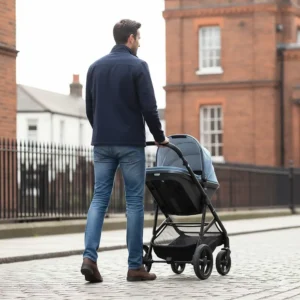 Illustration showing the generous stride space and lack of a rear axle to prevent tall parents from kicking the frame.
