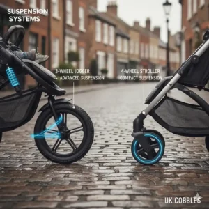 Alt text for image 6: A close-up comparison of pushchair suspension systems showing a 3-wheel jogger versus a 4-wheel stroller on a traditional UK cobbled street.