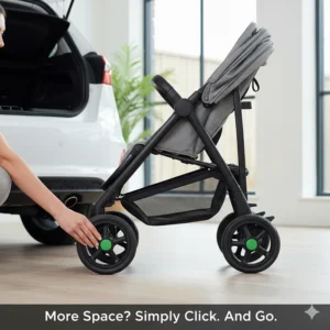 Quick-release wheels being removed from a pushchair to save space in a small car.