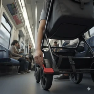Close-up of a pushchair’s sturdy foot brake being engaged on a moving London Overground train for safety.