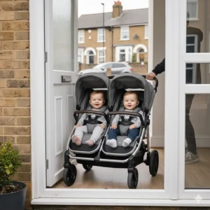 A side by side double pushchair being steered through a standard width UK front door to demonstrate exterior dimensions.