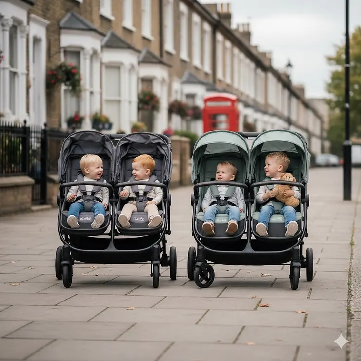 A side by side double pram and a tandem inline pushchair parked next to each other on a UK pavement for comparison. side by side vs tandem double pram