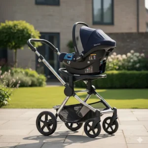 Silver Cross Pioneer travel system featuring the Dream i-Size infant carrier attached with adapters.