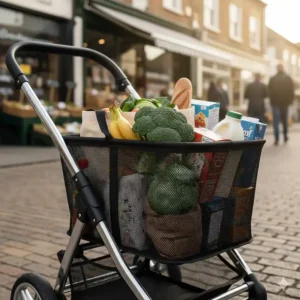 The deep, under-seat shopping basket of the Silver Cross Pioneer filled with groceries.