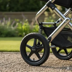 Close-up of the large multi-terrain wheels and puncture-proof tyres on the Pioneer chassis.