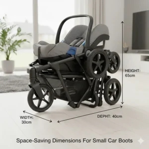 Illustration showing the height and width measurements of a travel system folded for a small boot.