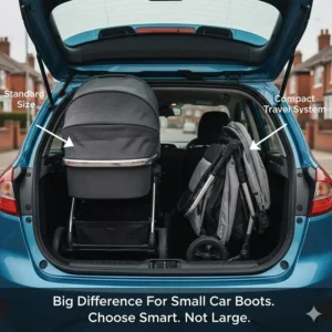 Comparison between a standard pram and a compact travel system for small car boot suitability.