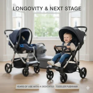 An illustration of a toddler in a lightweight stroller, highlighting that separate purchases often last longer as the child grows out of an infant travel system.
