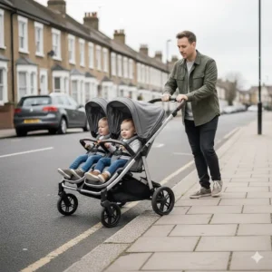 A parent pushing a tandem double pram up a kerb, highlighting the length and distribution of weight.