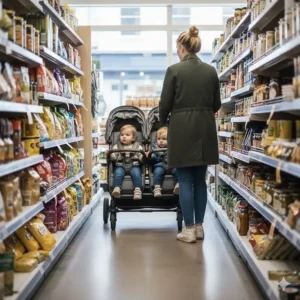 A parent navigating a narrow shop aisle in a UK high street store using a slim tandem double pushchair.