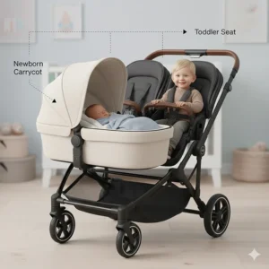 Illustration of a tandem pushchair showing the newborn in a lie-flat carrycot and the toddler in a forward-facing seat.