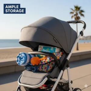 A holiday stroller with a large under-seat basket filled with beach towels, nappies, and travel essentials.