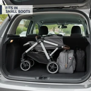 A folded holiday stroller fitting neatly into the small boot of a UK hatchback car.