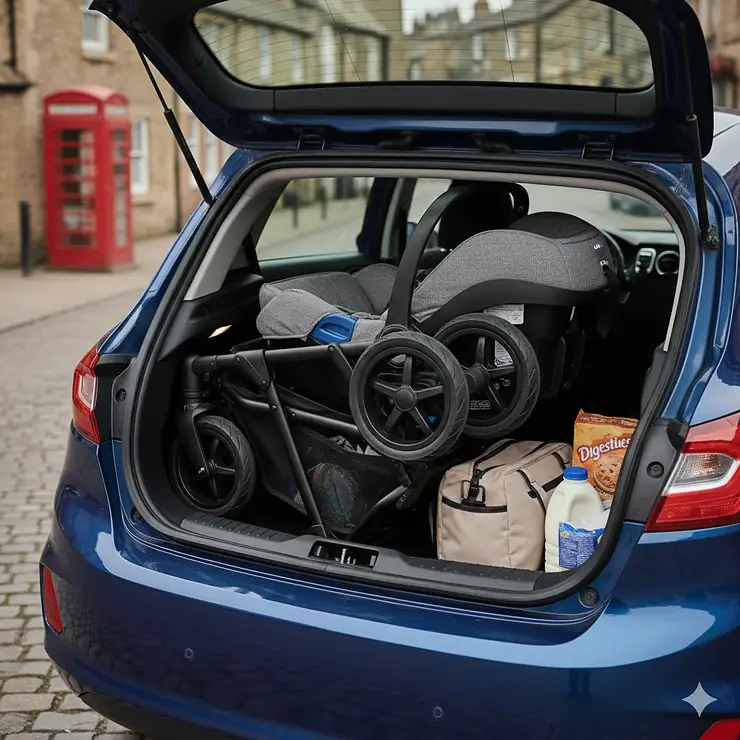 A compact 3-in-1 travel system for small car boot storage, featuring a folded pushchair and infant car seat. travel system for small car boot