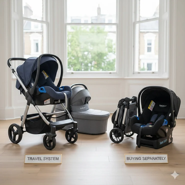 A side-by-side comparison of a full 3-in-1 travel system versus a separate pushchair and infant car seat, styled for the UK market. travel system vs buying separately
