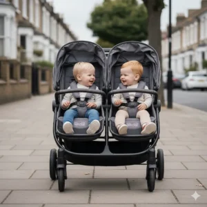Two toddlers sitting next to each other in a side by side double pushchair, showing the equal view and interaction.