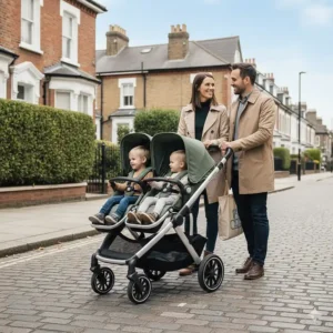 The Vista V2 configured as a double pushchair with the RumbleSeat and upper adapters for two toddlers.